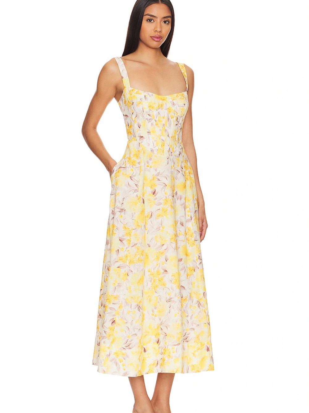 Bardot Lilah Corset Midi Dress in Yellow Floral Size 6 New - Picture 2 of 8